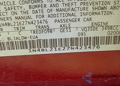 2007 Nissan Altima 3.5 Se z USA, uszkodzony, nr VIN 1N4BL21E27N423476